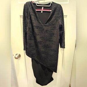 "Last Tango Black Sparkle Asymmetrical Hem Dress 3/4 Sleeve Ruched Back Size M"